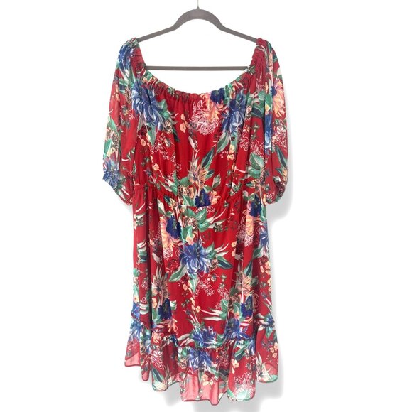Red Floral Print Off The Shoulder Chiffon High-Low Dress Size 2X 18 20 Plus Size - Picture 5 of 7